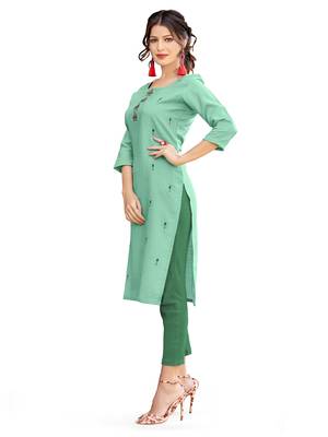 Sea-green embroidered cotton cotton-kurtis 3