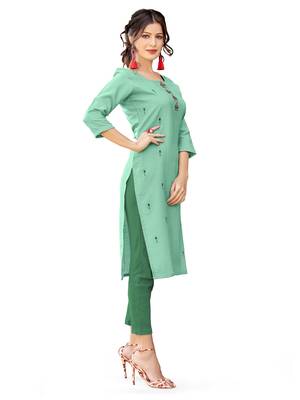 Sea-green embroidered cotton cotton-kurtis 5