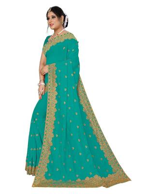 Aqua blue embroidered pure georgette saree with blouse 2