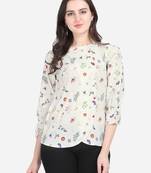 Cream printed crepe crop-tops