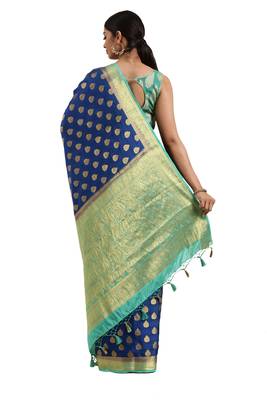 Blue woven crepe saree with blouse 5