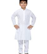 White embroidered cotton boys-kurta-pyjama