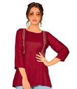 Maroon embroidered slub party-tops