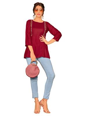 Maroon embroidered slub party-tops 3