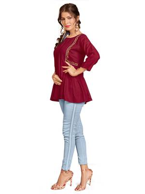 Maroon embroidered slub party-tops 4