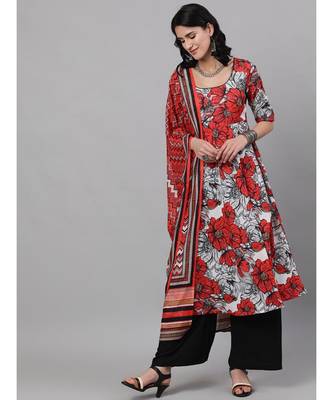 White & Red Floral Digital Printed Anarkali Set With Dupatta 1