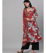 White & Red Floral Digital Printed Anarkali Set With Dupatta