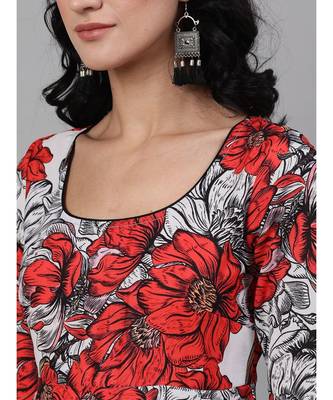 White & Red Floral Digital Printed Anarkali Set With Dupatta 2