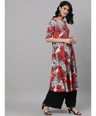 White & Red Floral Digital Printed Anarkali Set With Dupatta 4
