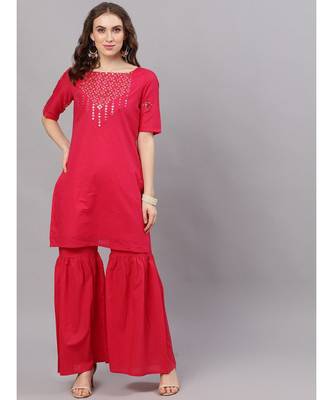 Magenta Mirror Work Straight Kurta With Solid Sharara 1
