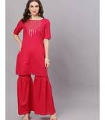 Magenta Mirror Work Straight Kurta With Solid Sharara