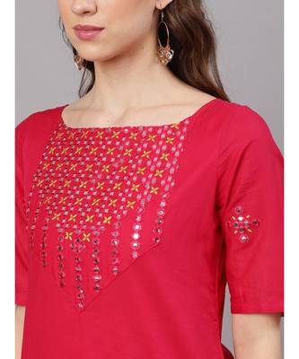 Magenta Mirror Work Straight Kurta With Solid Sharara 2