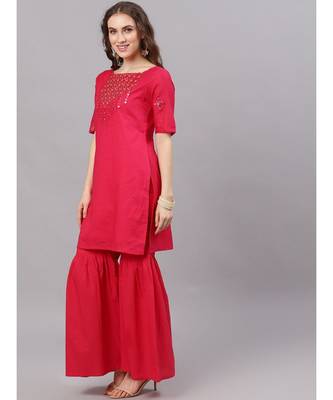 Magenta Mirror Work Straight Kurta With Solid Sharara 4