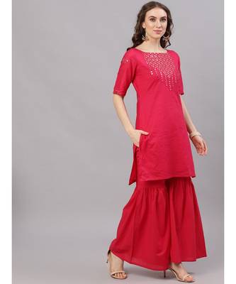 Magenta Mirror Work Straight Kurta With Solid Sharara 5
