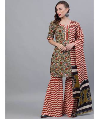 Green Kalamkari Floral Printed Kurta With Zig-Zag Sharara & Dupatta Set 1