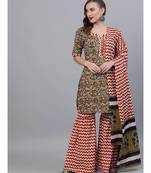 Green Kalamkari Floral Printed Kurta With Zig-Zag Sharara & Dupatta Set