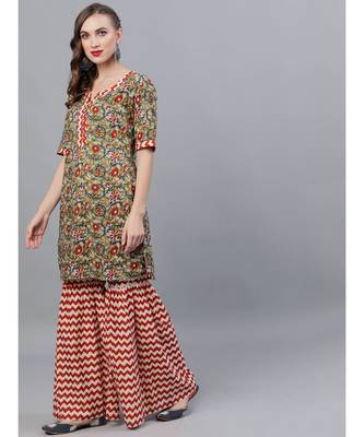 Green Kalamkari Floral Printed Kurta With Zig-Zag Sharara & Dupatta Set 2