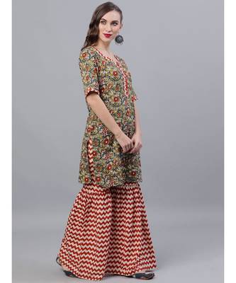 Green Kalamkari Floral Printed Kurta With Zig-Zag Sharara & Dupatta Set 3