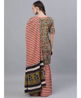 Green Kalamkari Floral Printed Kurta With Zig-Zag Sharara & Dupatta Set 4