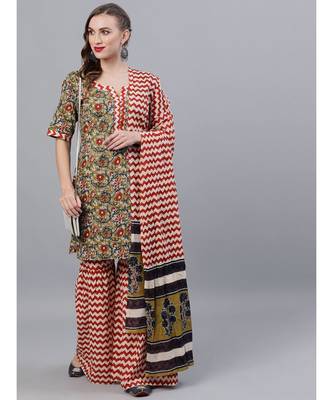 Green Kalamkari Floral Printed Kurta With Zig-Zag Sharara & Dupatta Set 5