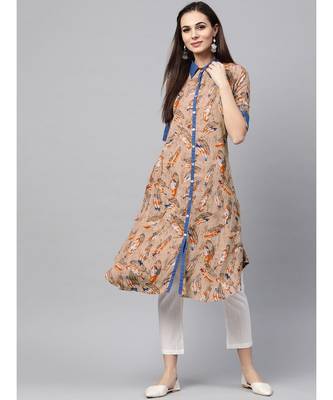 Aks beige printed kurta with contrast detailing 1