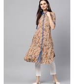 Aks beige printed kurta with contrast detailing