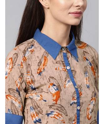 Aks beige printed kurta with contrast detailing 2