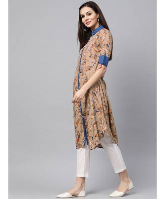 Aks beige printed kurta with contrast detailing 3