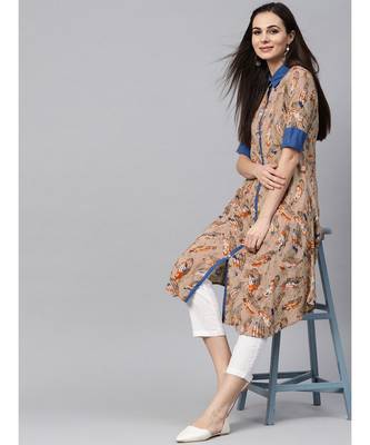 Aks beige printed kurta with contrast detailing 4