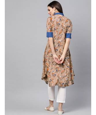 Aks beige printed kurta with contrast detailing 5