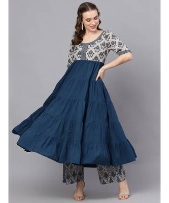 Blue & Grey Ikat Printed Tiered Anarkali 1