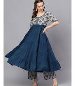 Blue & Grey Ikat Printed Tiered Anarkali