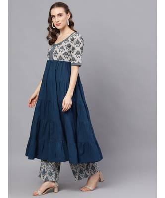 Blue & Grey Ikat Printed Tiered Anarkali 2