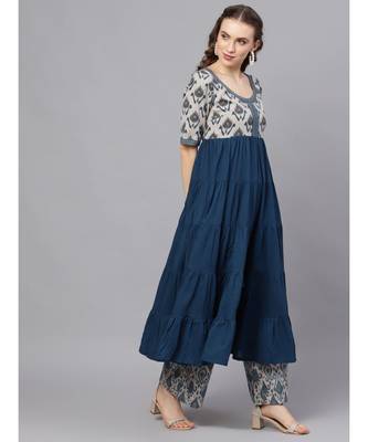 Blue & Grey Ikat Printed Tiered Anarkali 3