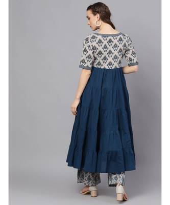 Blue & Grey Ikat Printed Tiered Anarkali 4