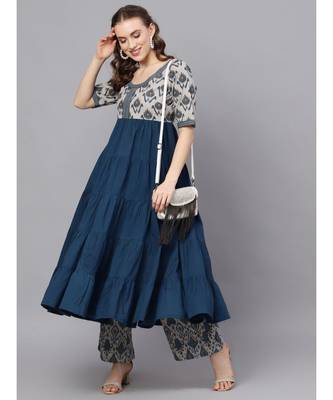 Blue & Grey Ikat Printed Tiered Anarkali 5