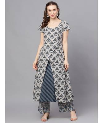 Grey & Blue Ikat Printed Layered Kurta 1
