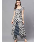 Grey & Blue Ikat Printed Layered Kurta