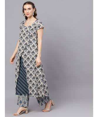 Grey & Blue Ikat Printed Layered Kurta 2