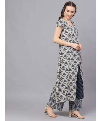 Grey & Blue Ikat Printed Layered Kurta 3