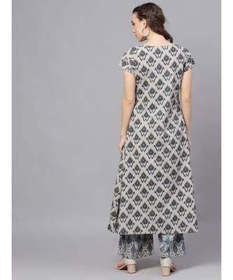 Grey & Blue Ikat Printed Layered Kurta 4