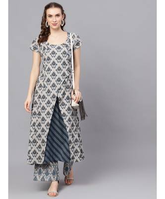 Grey & Blue Ikat Printed Layered Kurta 5