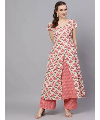 Pink & Cream Ikat Printed Layered Kurta 1