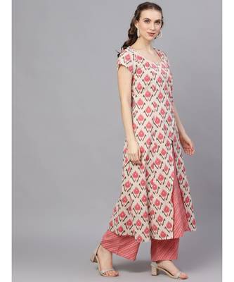 Pink & Cream Ikat Printed Layered Kurta 3