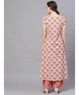 Pink & Cream Ikat Printed Layered Kurta 4