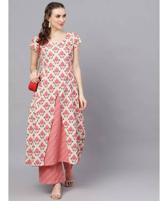 Pink & Cream Ikat Printed Layered Kurta 5