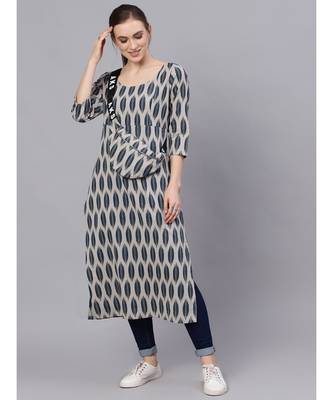 Grey & Blue Ikat Printed Straight Kurta With Pouch 1