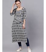 Grey & Blue Ikat Printed Straight Kurta With Pouch