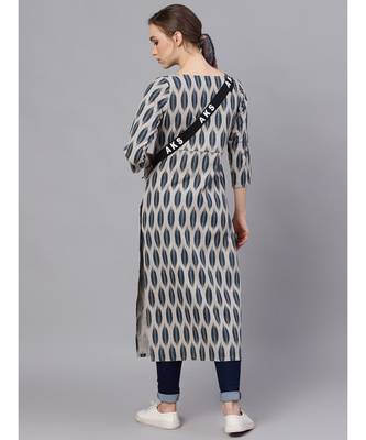 Grey & Blue Ikat Printed Straight Kurta With Pouch 2