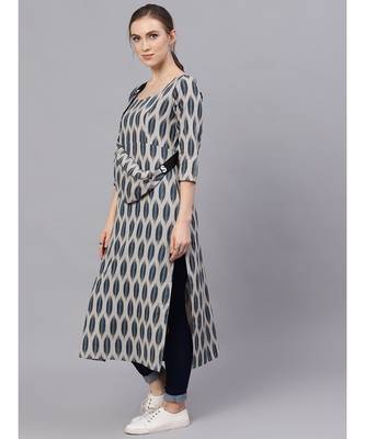 Grey & Blue Ikat Printed Straight Kurta With Pouch 3